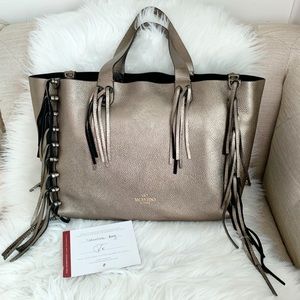 Valentino Metallic Leather C-Rockee Fringe Tote